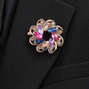 Multicolor Rhinestone Flower Brooch Pin | Rose Gold Tone Statement Accessory